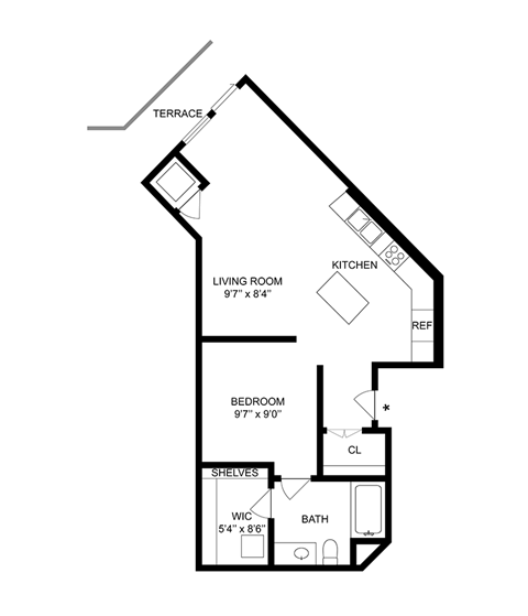 Floor plan for 1 bed, 1 bath, 660 sqft